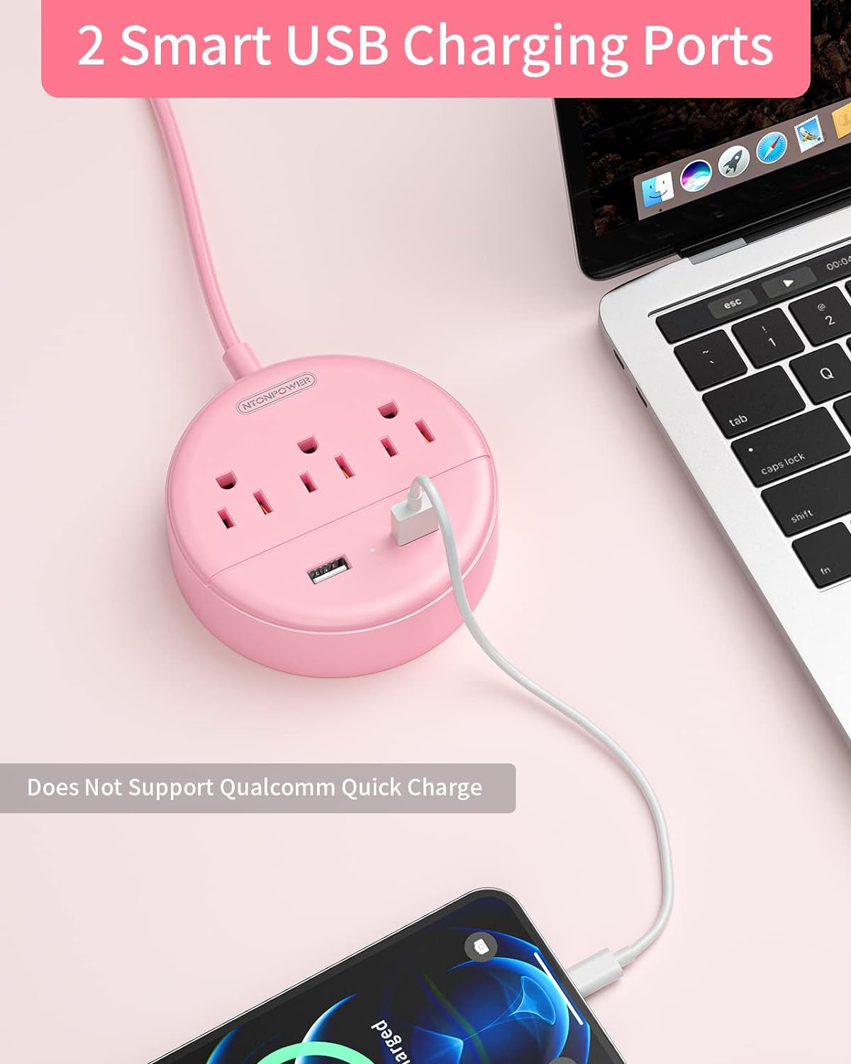10-Foot Extension Cord Power Strip with USB Ports,  Pink Charging Station Featuring 3 Outlets and 2 USB Ports, Flat Plug Travel Power Strip for Home, Office, Dormitory, and Cruise Ship, ETL Listed