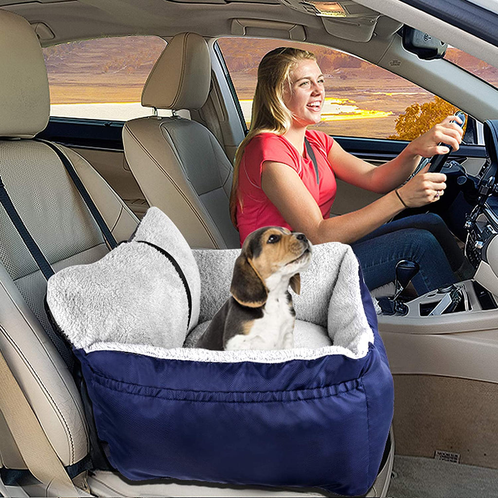 Portable Dog Car Seat for Small Dogs Under 25 lbs, Fully Detachable and Washable with Storage Pockets and Clip-On Leash, Soft Pet Booster Seat, Blue