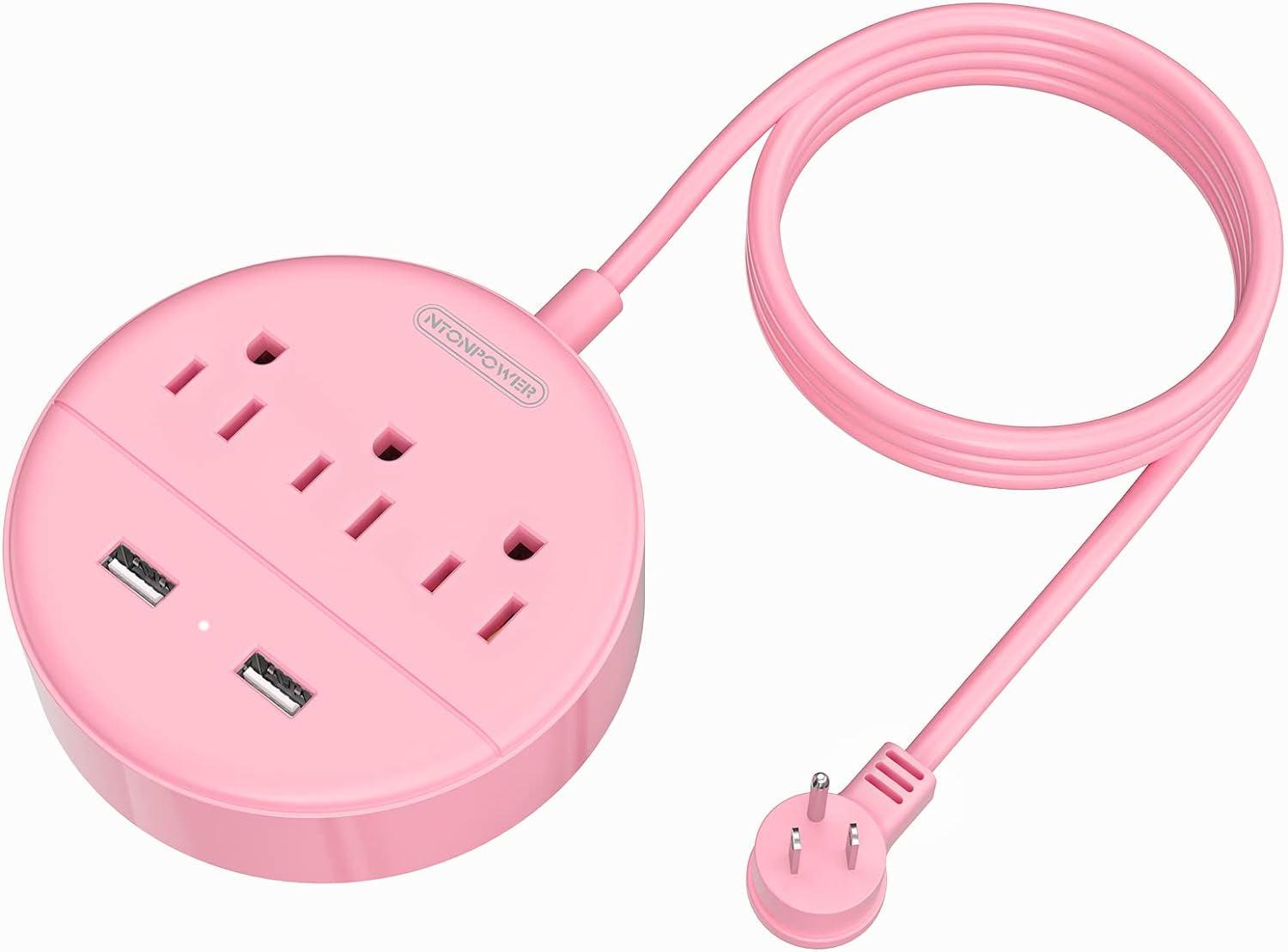 10-Foot Extension Cord Power Strip with USB Ports,  Pink Charging Station Featuring 3 Outlets and 2 USB Ports, Flat Plug Travel Power Strip for Home, Office, Dormitory, and Cruise Ship, ETL Listed