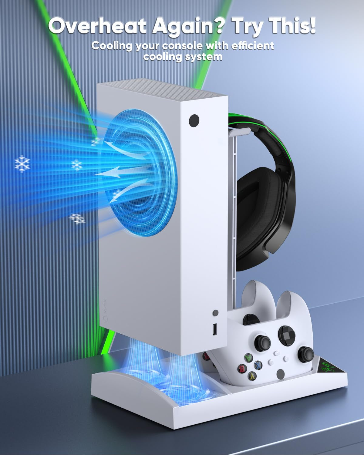 Charger Stand with Cooling Fan for Xbox Series S Console and Controller - Dual Cooling System Charging Dock with 2 Rechargeable Batteries, Earphone Mounts, and Brackets for Enhanced Protection