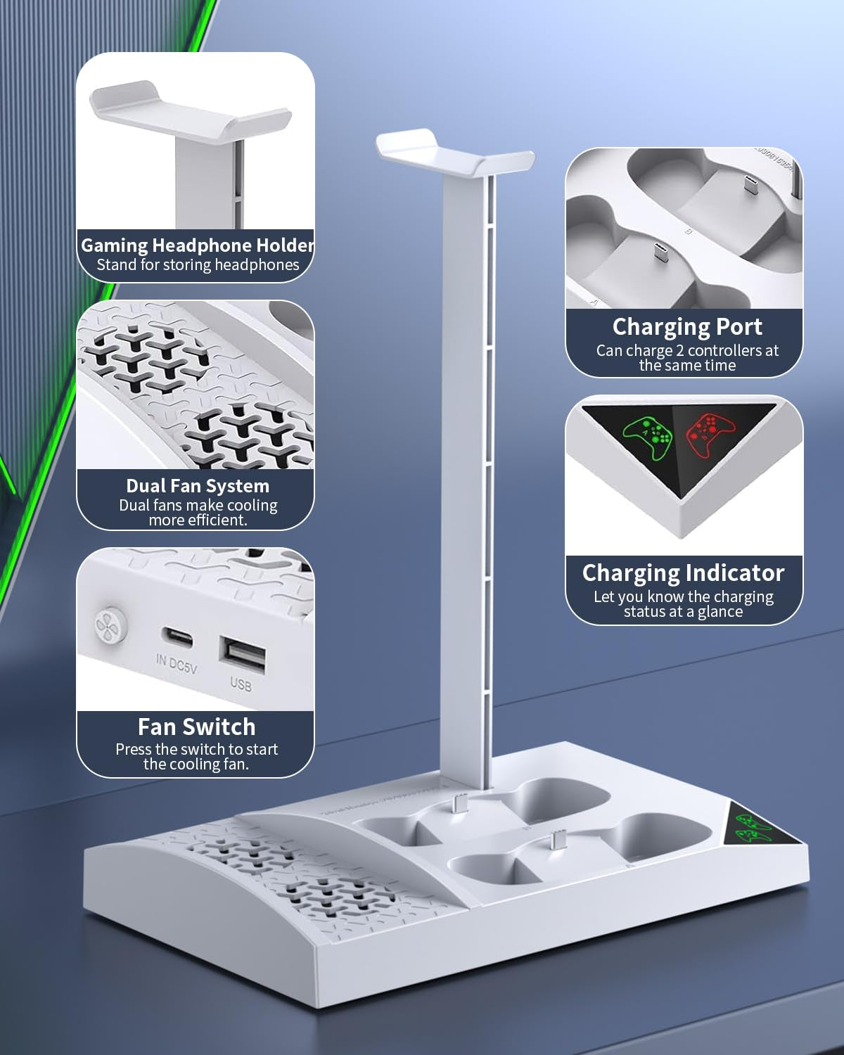 Charger Stand with Cooling Fan for Xbox Series S Console and Controller - Dual Cooling System Charging Dock with 2 Rechargeable Batteries, Earphone Mounts, and Brackets for Enhanced Protection
