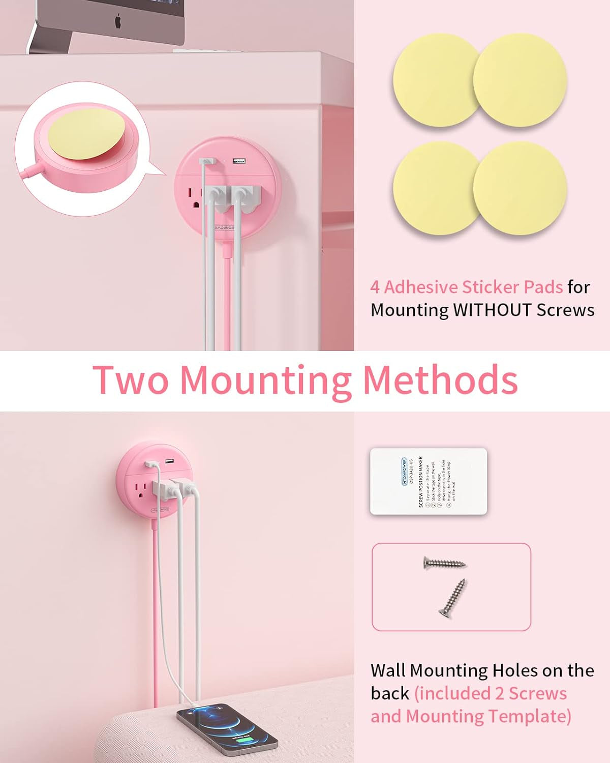 10-Foot Extension Cord Power Strip with USB Ports,  Pink Charging Station Featuring 3 Outlets and 2 USB Ports, Flat Plug Travel Power Strip for Home, Office, Dormitory, and Cruise Ship, ETL Listed