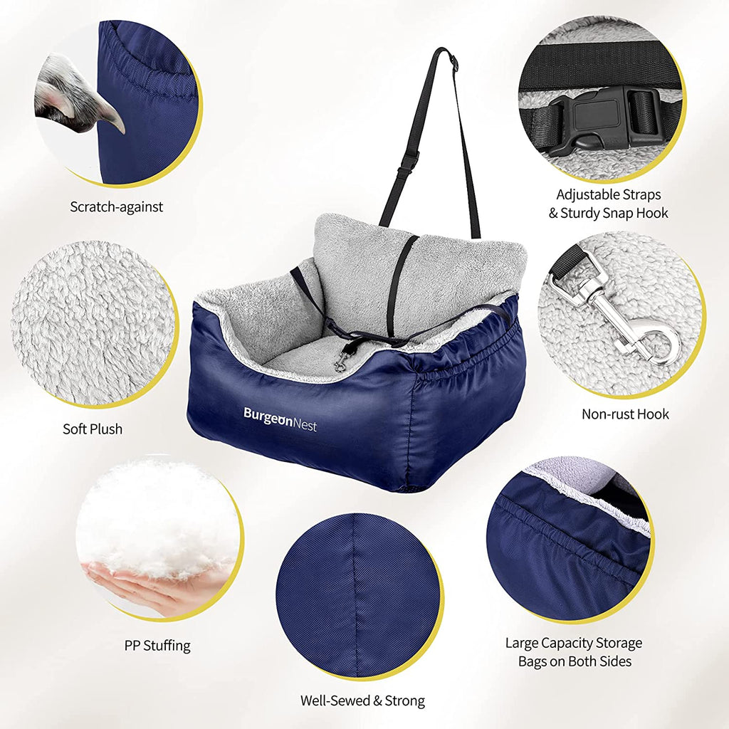 Portable Dog Car Seat for Small Dogs Under 25 lbs, Fully Detachable and Washable with Storage Pockets and Clip-On Leash, Soft Pet Booster Seat, Blue