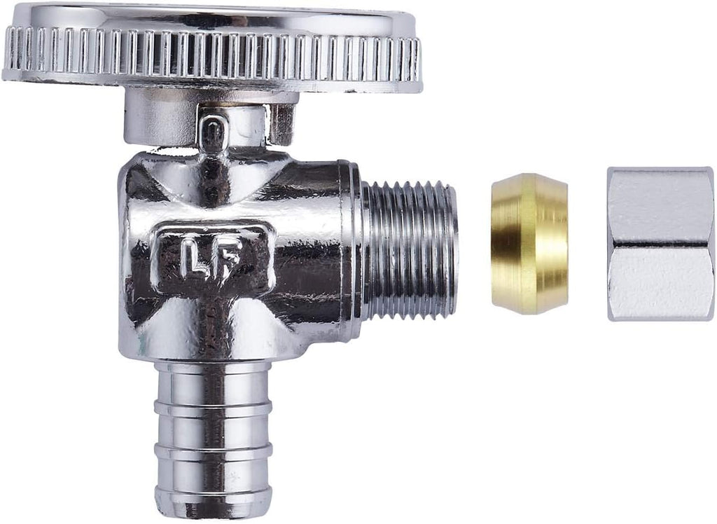 Premium Lead-Free Brass 1/2 Inch PEX x 1/4 Inch OD Compression Quarter Turn Angle Stop Valve - 2 Pack with PEX Clamp Rings