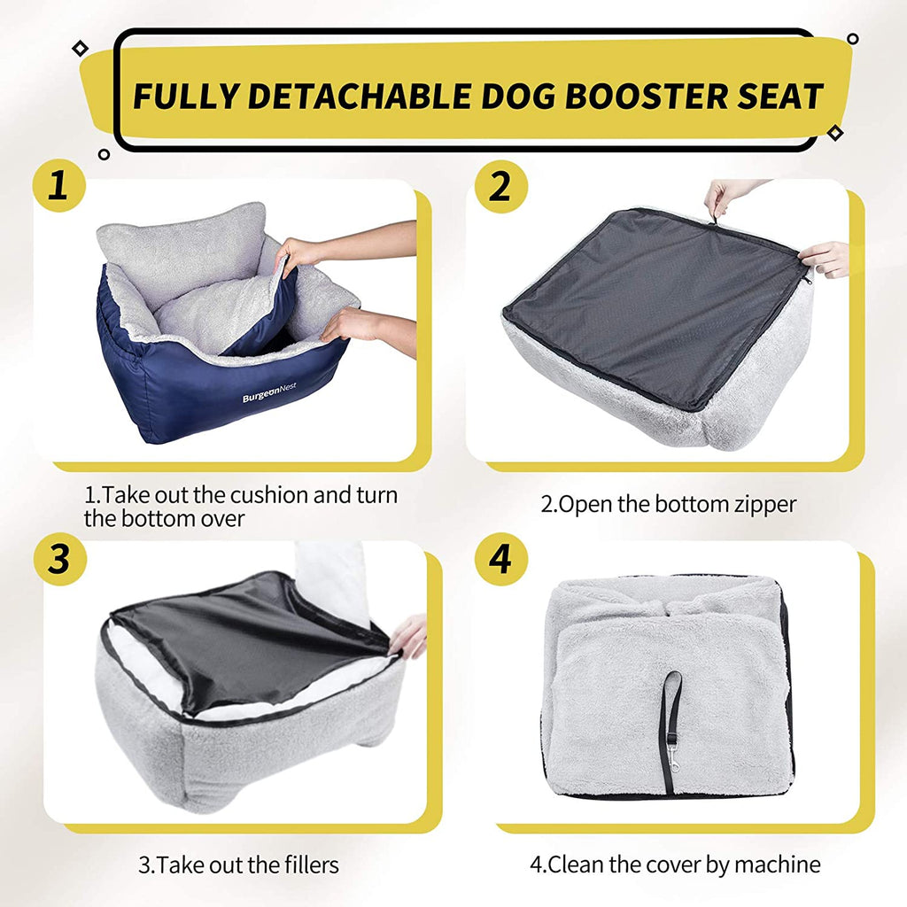 Portable Dog Car Seat for Small Dogs Under 25 lbs, Fully Detachable and Washable with Storage Pockets and Clip-On Leash, Soft Pet Booster Seat, Blue