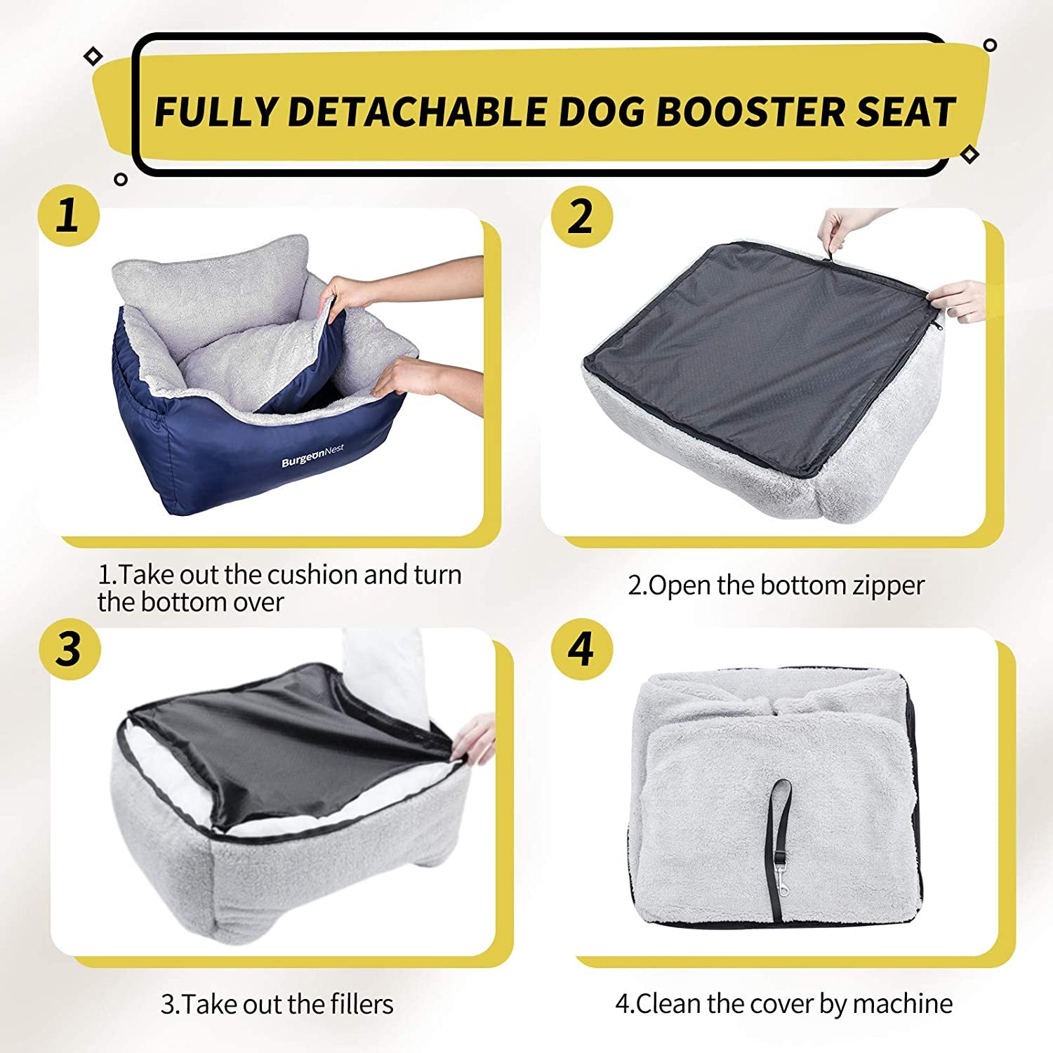 Portable Dog Car Seat for Small Dogs Under 25 lbs, Fully Detachable and Washable with Storage Pockets and Clip-On Leash, Soft Pet Booster Seat, Blue