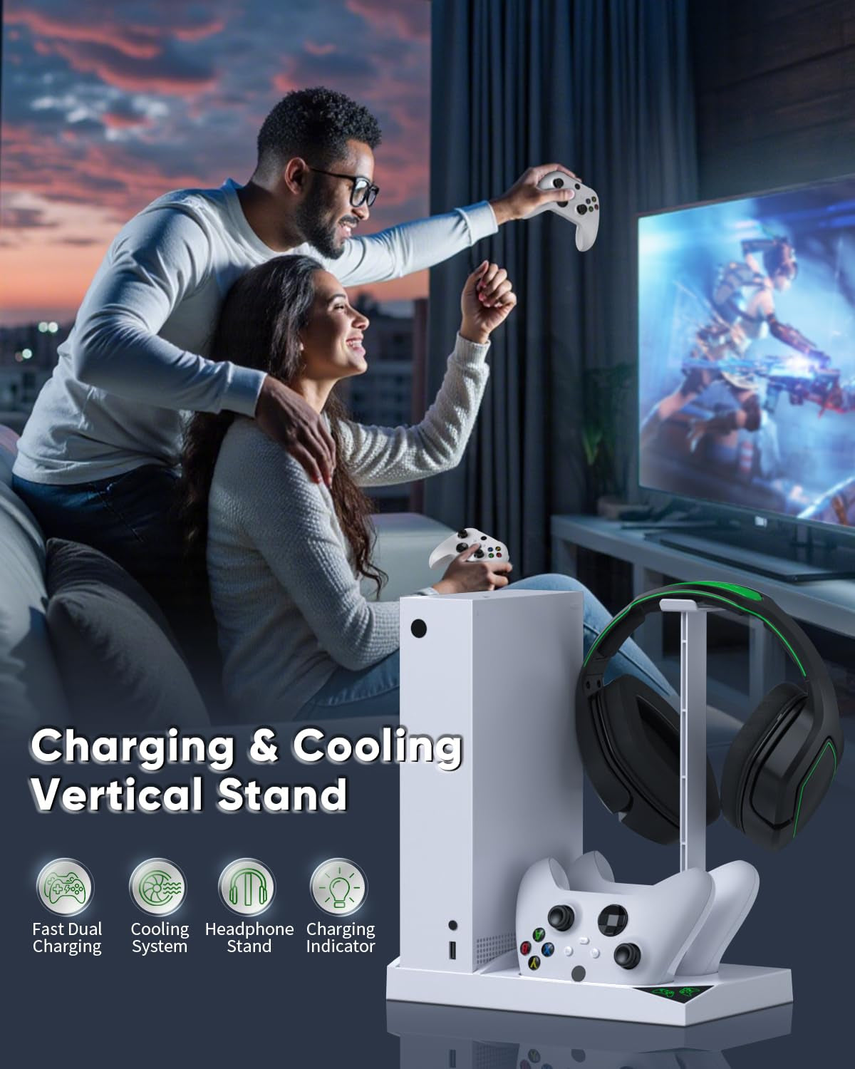 Charger Stand with Cooling Fan for Xbox Series S Console and Controller - Dual Cooling System Charging Dock with 2 Rechargeable Batteries, Earphone Mounts, and Brackets for Enhanced Protection